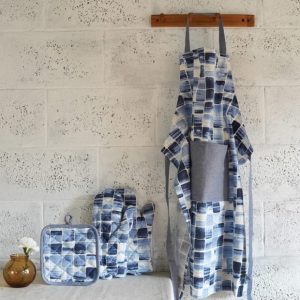 Brushstroke Cubes Cotton Kitchen Essentials Combo Blue