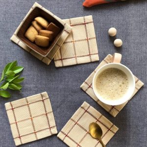 Handwoven Checks Cotton Coasters Beige – Set of 6