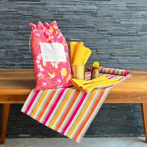 Vibrant Satin Stripes Table Runner & Yellow Napkin Set – Gift Bag